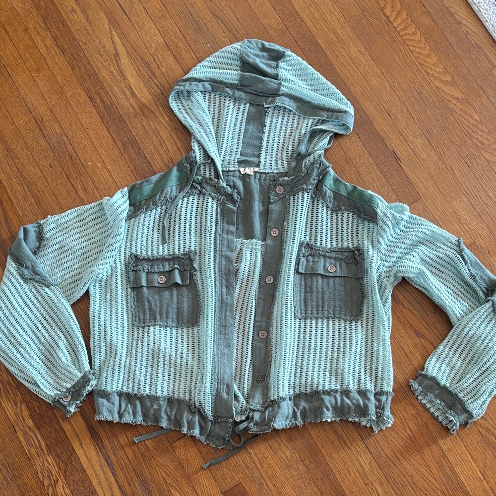 POL Green color block cotton BOHO mesh cardigan!